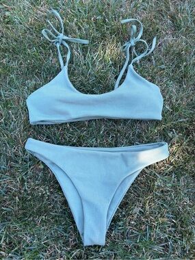 Zaful Light Sage Green Ribbed Tie-Shoulder Bikini